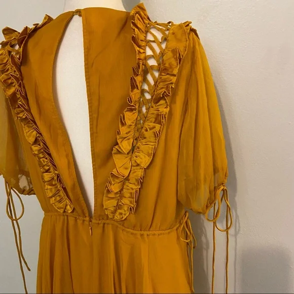 NWOT ASOS Design Mustard Yellow Mini V-Neck Ruffle Dress 12 - Picture 6 of 15